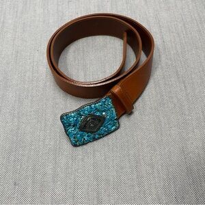 Avignon Vintage Turquoise Pebbles and Metal Large Buckle Leather Belt